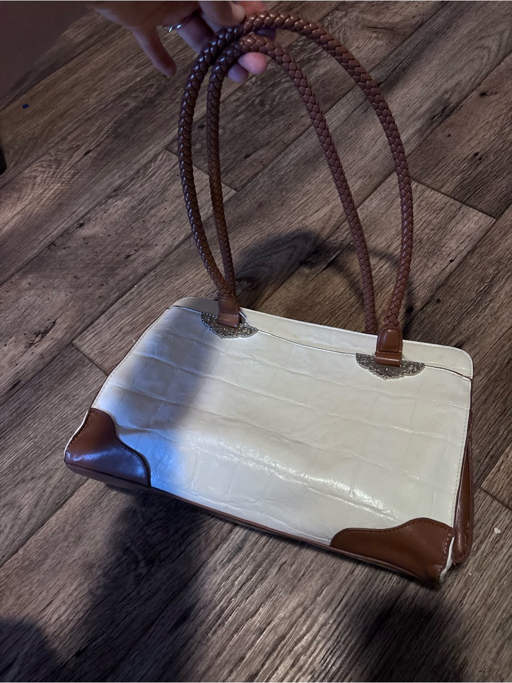 Source Unknown Cream Croc-Texture Satchel with Brown Braided Handles